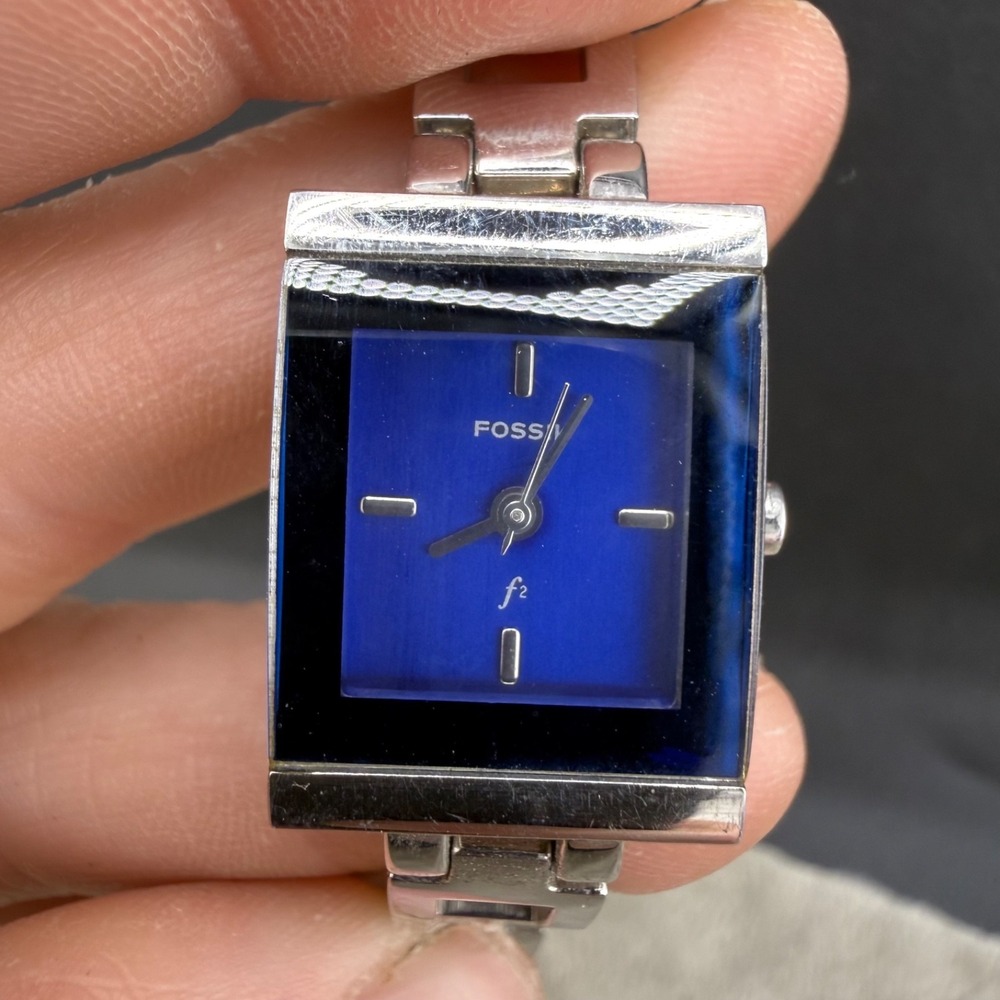 Fossil Watch F2 Blue Silver Tone Square Dial Stainless Steel ES-9389 6.25‎ READ